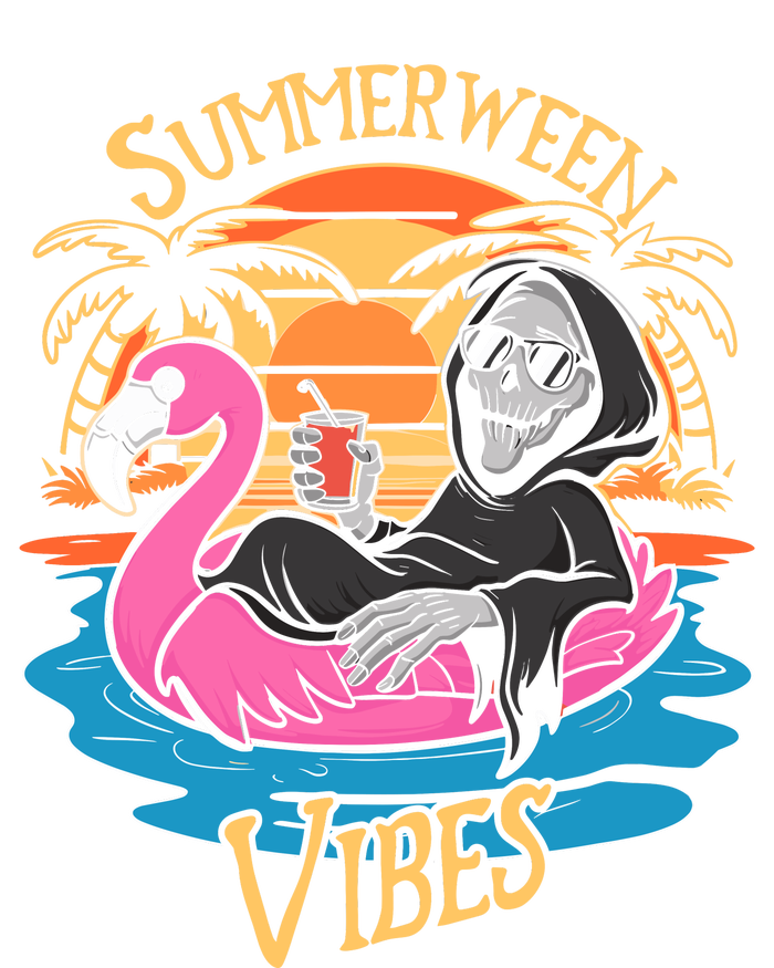 Summerween Vibes Skeleton Flamingo Spooky Halloween Summer T-Shirt