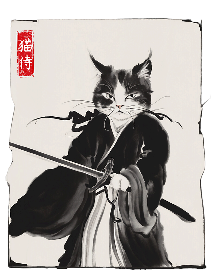 Samurai Cat Warrior Ink Art Funny Japanese Style Cooling Performance Crew T-Shirt