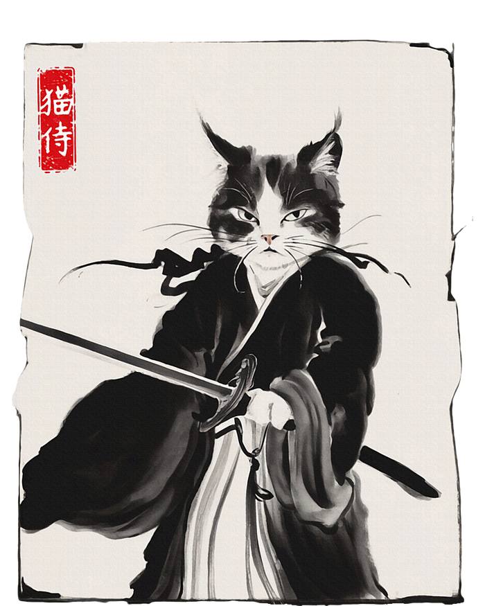 Samurai Cat Warrior Ink Art Funny Japanese Style T-Shirt