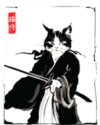 Samurai Cat Warrior Ink Art Funny Japanese Style T-Shirt