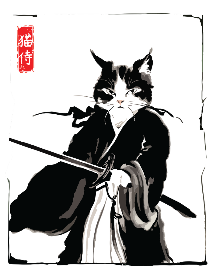 Samurai Cat Warrior Ink Art Funny Japanese Style T-Shirt