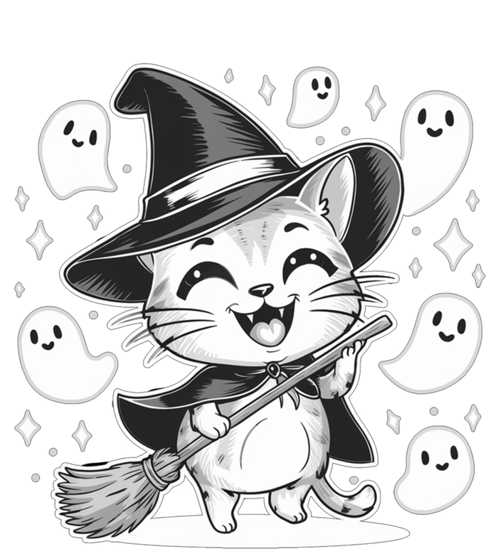 Cute Witch Cat Surrounded By Happy Ghosts Halloween Kitten Gift Ladies Long Sleeve Shirt