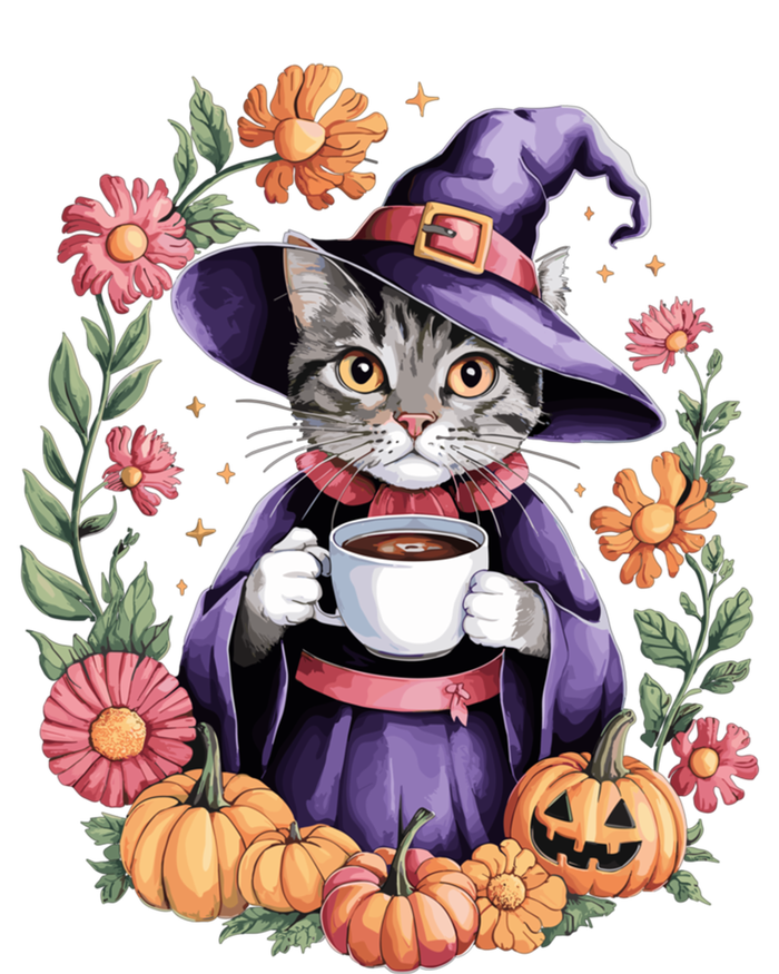 Halloween Cat Witch Hat Coffee Pumpkins Floral Cat Witch Cute Gift Kids T-Shirt