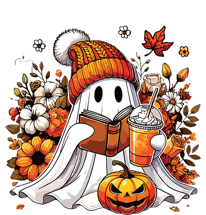 Ghost Drinking Coffee Book Reading Halloween Pumpkin Flower T-Shirt