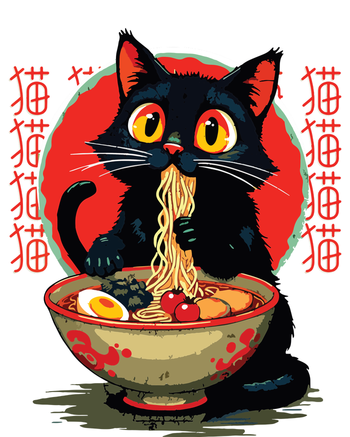 Funny Anime Cute Cat Eating Ramen Japanese Noodles Vintage T-Shirt