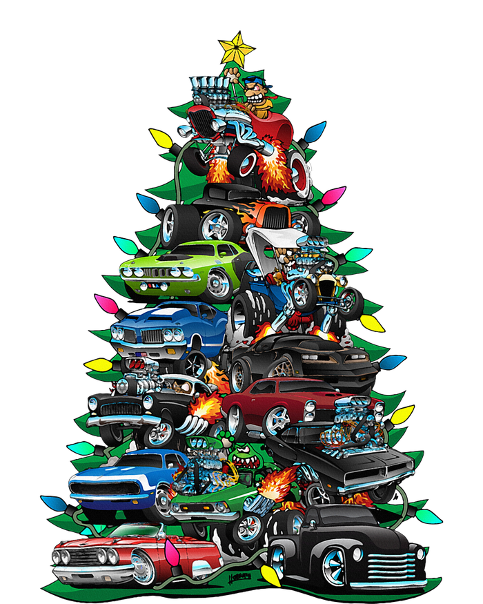 Car Madness Christmas Tree! Classic Muscle Cars And Hotrods Full-Length Apron With Pockets