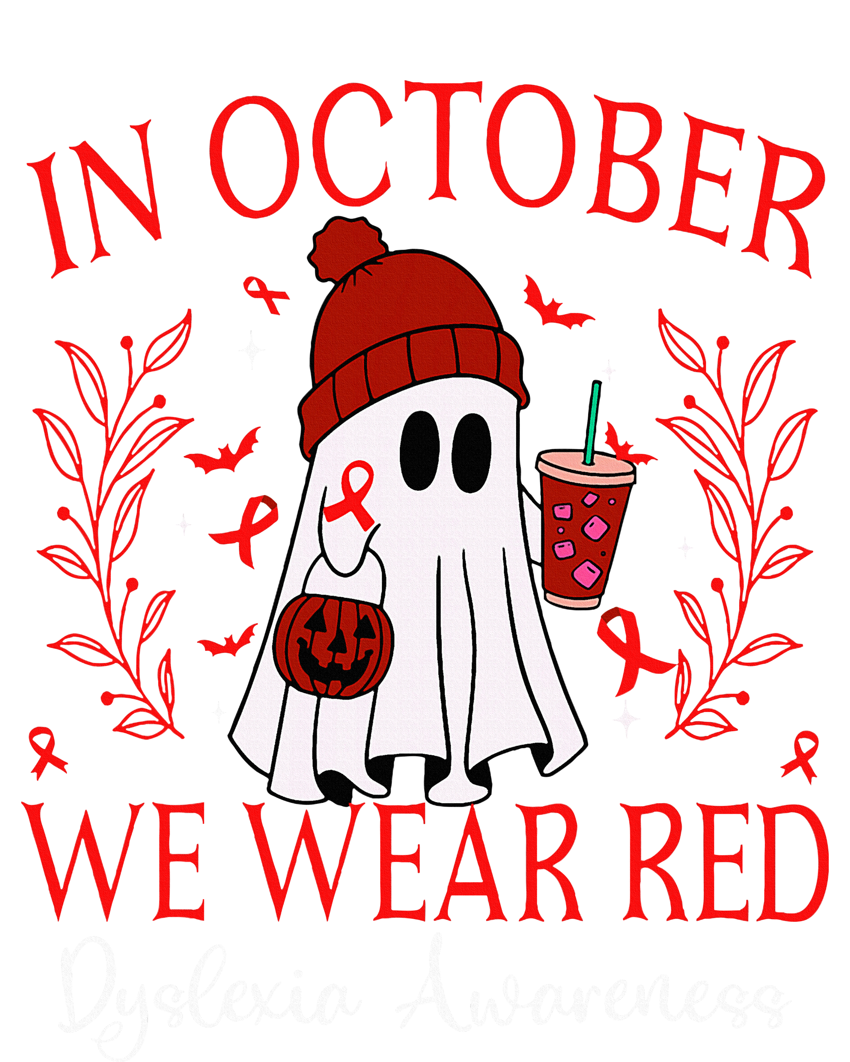 In October We Wear Red Ghost Halloween Dyslexia Awareness Tall Hoodie