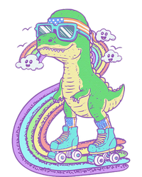 Retro Roller Skating Dinosaur With Rainbow And Cloud Friends T-Shirt