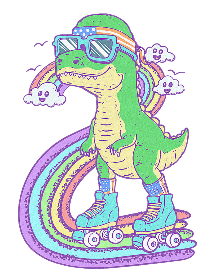 Retro Roller Skating Dinosaur With Rainbow And Cloud Friends T-Shirt