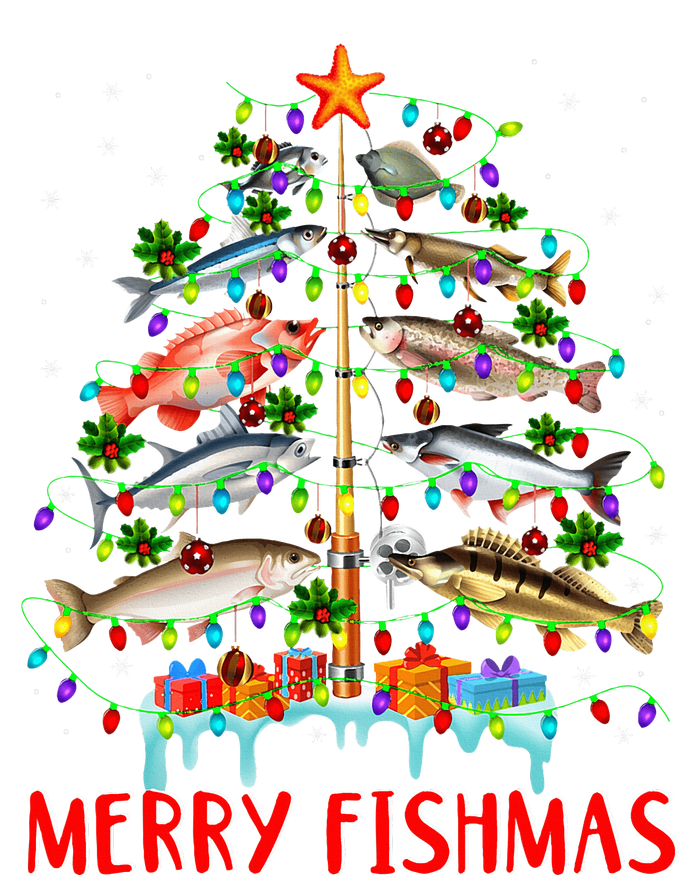 Merry Fishmas Funny Christmas Tree Lights Fish Fishing Rod Premium Hoodie