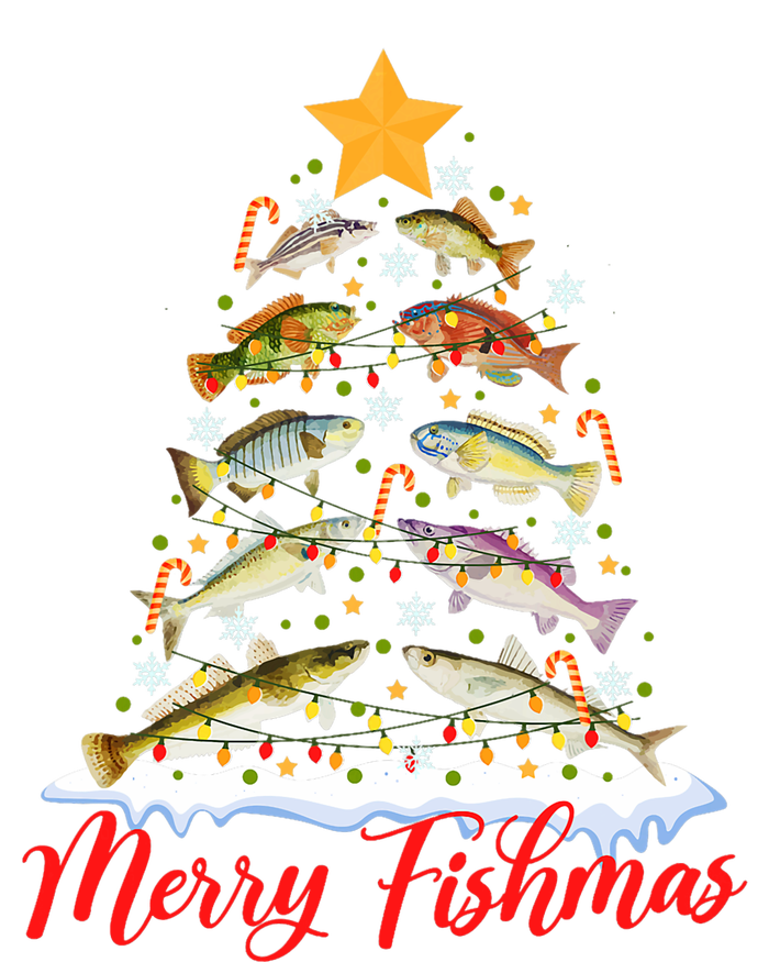 Merry Fishmas Funny Christmas Tree Lights Fish Fishing Rod Women's Crop Top Tee