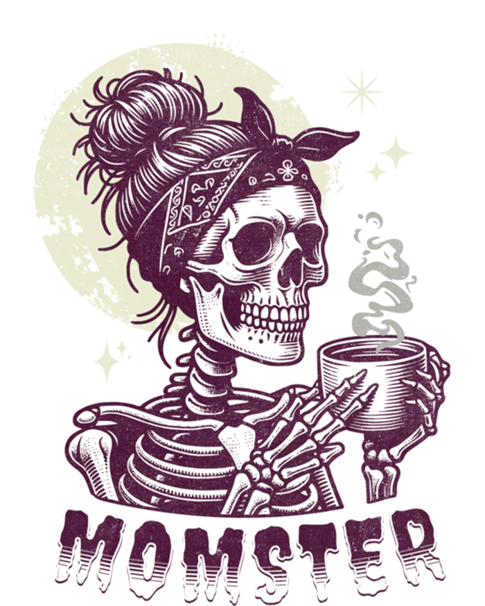 Momster Skull Mom Coffee Lover Halloween Messy Hair Bun Mama Gift T-Shirt