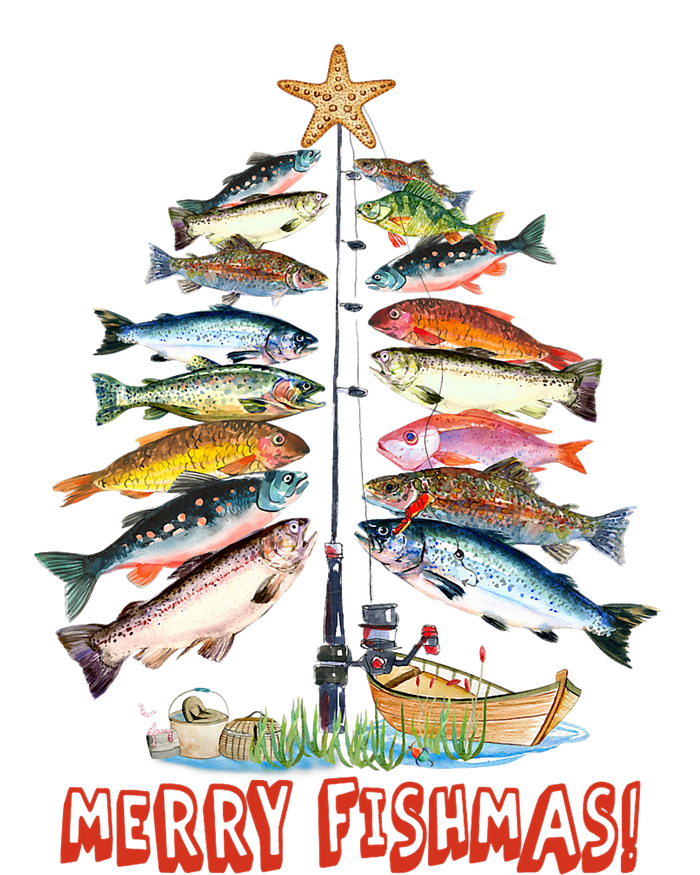 Merry Fishmas Christmas Tree Fish Fishing Cropped Pullover Crew