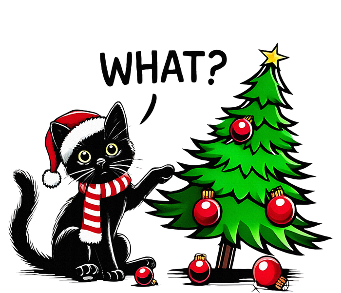 Black Cat Pushing Christmas Tree Over Cat What Xmas T-Shirt