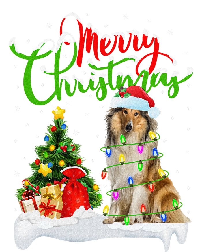 Xmas Tree Lights Santa Hat Rough Collie Dog Christmas T-Shirt