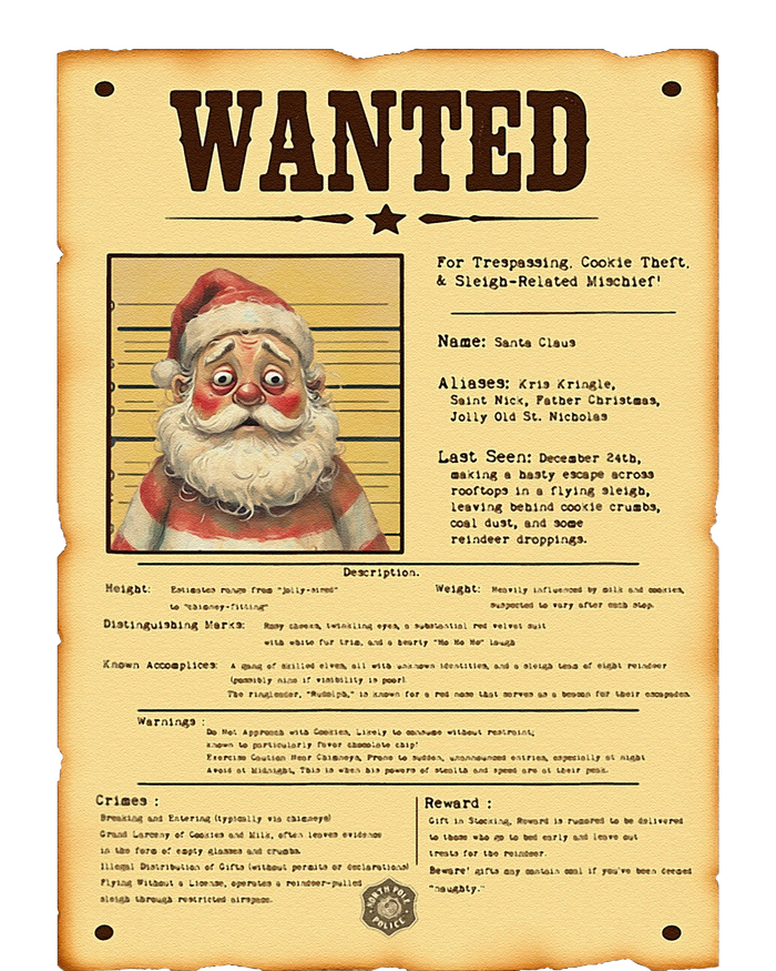 Funny Santa Wanted Poster Vintage Christmas Humor Design T-Shirt