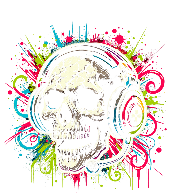 Skull Wearing Headphones Grunge Gamer Rainbow Graffiti T-Shirt