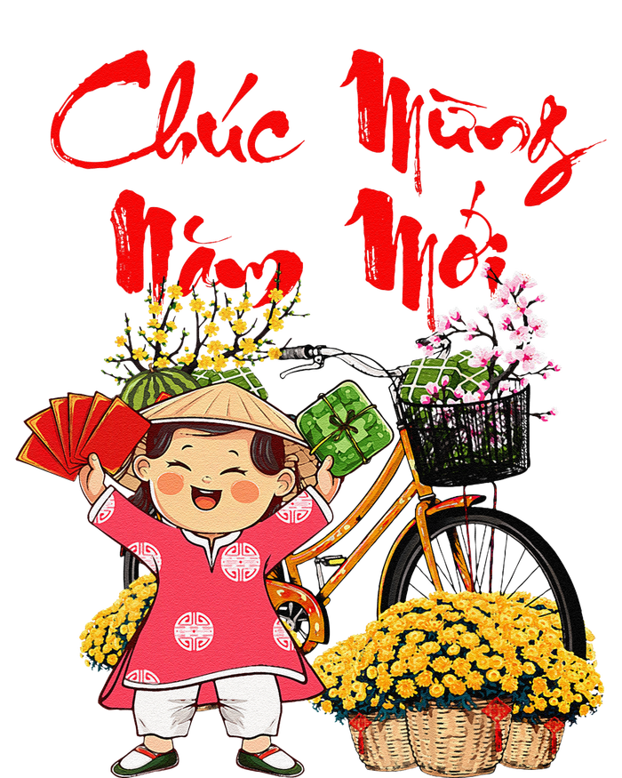 Vietnamese New Year Flowers Vintage Bicycles Girl Ao Dai T-Shirt