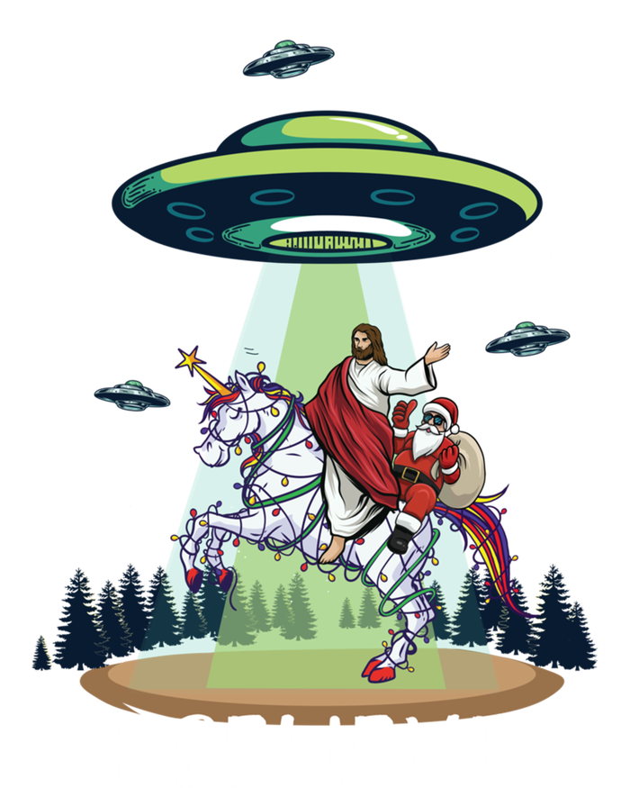 Jesus And Santa Riding On Unicorn Christmas Alien Ufo Believe Gift T-Shirt