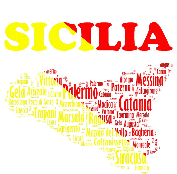 Sicily Souvenir With Map And Names Of Sicilian Cities Italy T-Shirt