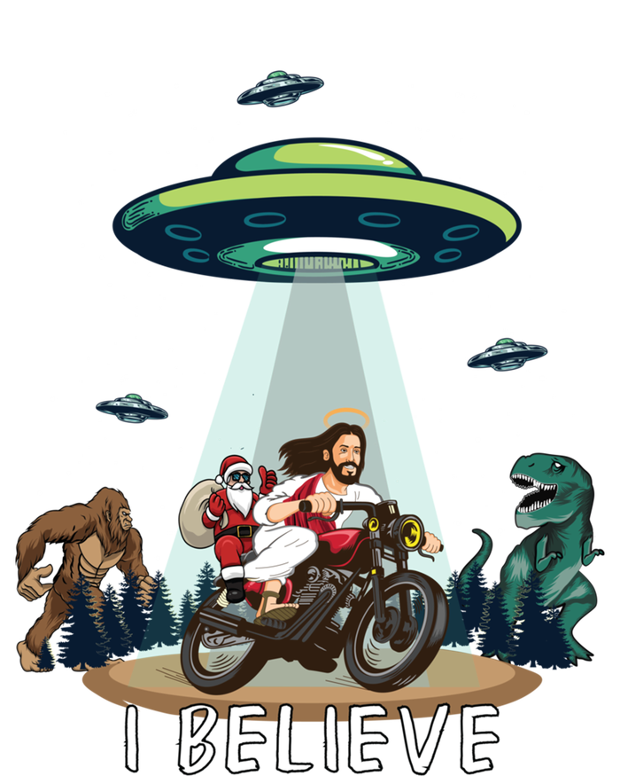 Believe Bigfoot Dinosaur Santa And Jesus Riding Bike Christmas Gift T-Shirt