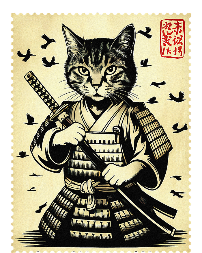 Samurai Cat Warrior Vintage Japanese Katana Art Retro Design T-Shirt