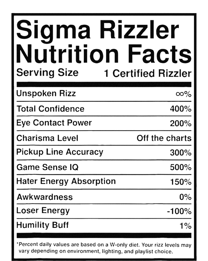 Sigma Rizzler Nutrition Facts W Rizz Meme Funny Gen Z T-Shirt