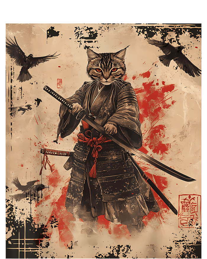 Samurai Cat Graphic Warrior Vintage Japanese Art Anime T-Shirt