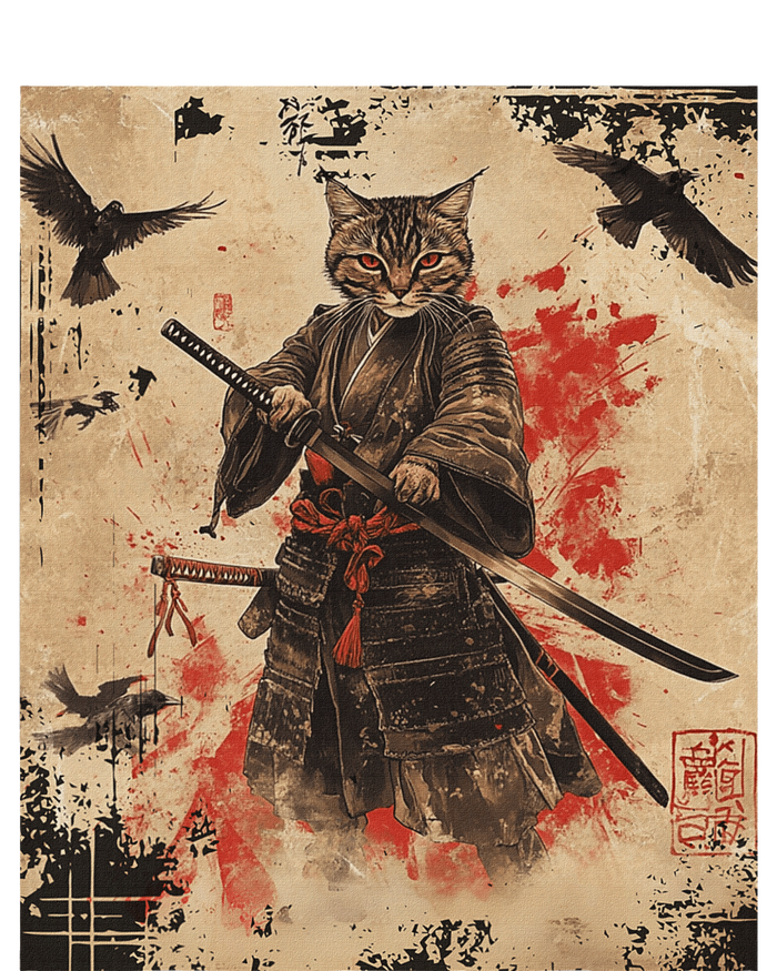 Samurai Cat Graphic Warrior Vintage Japanese Art Anime T-Shirt