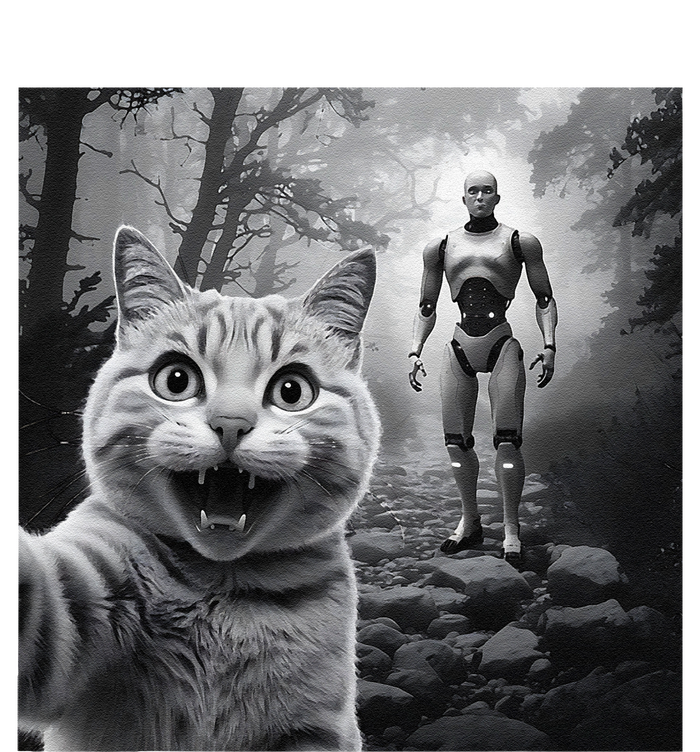 Funny Surprised Scared Cat Selfie With Robot T-Shirt