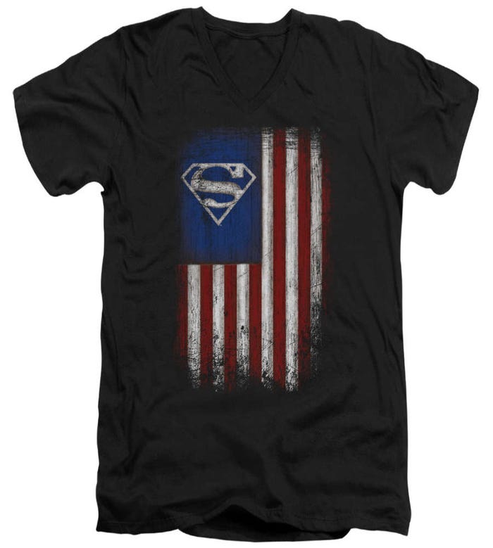 Superman Old Glory Shield USA Flag V-Neck T-Shirt