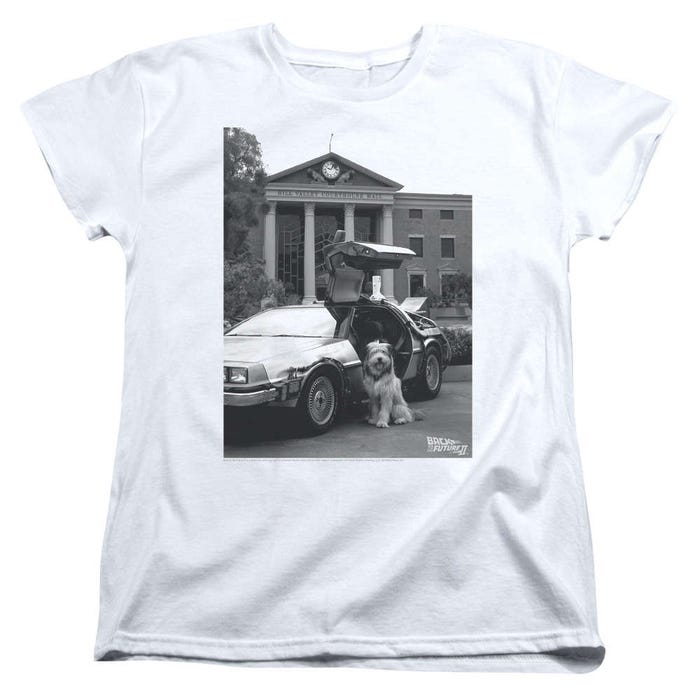 Back to the Future Einstein and Delorean Photo Womens T-Shirt