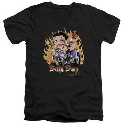 Betty Boop Biker Flames Motor Cycle V-Neck T-Shirt