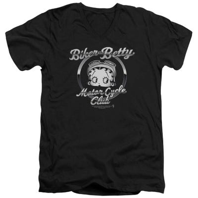 Biker Betty Boop Motor Cycle Club Chromed Logo V-Neck T-Shirt
