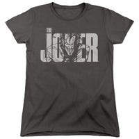 BATMAN JOKER TEXT ON GRAY Womens T-Shirt