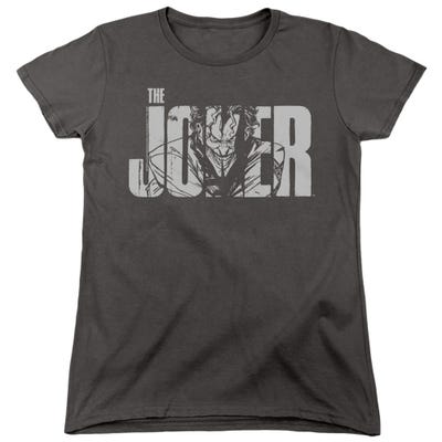 BATMAN JOKER TEXT ON GRAY Womens T-Shirt