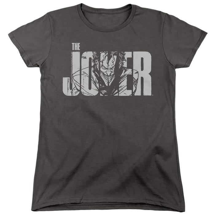 BATMAN JOKER TEXT ON GRAY Womens T-Shirt