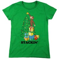 Curious George Christmas Stackin' The Tree Womens T-Shirt