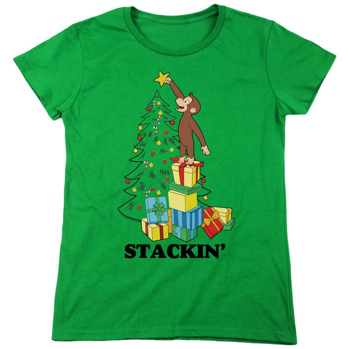 Curious George Christmas Stackin' The Tree Womens T-Shirt