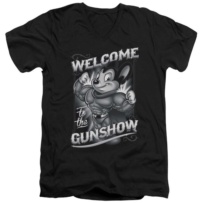 Mighty Mouse Black & White Welcome to the Gunshow V-Neck T-Shirt