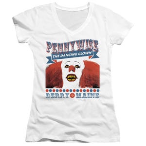 THE DANCING CLOWN PENNYWISE OFFICIAL DERRY MAINE Juniors V-Neck T-Shirt